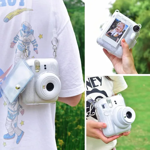 Miniatura 7 de Rieibi Funda transparente compatible con Fuji Instax Mini 12 – Funda con purpurina para cámara instantánea Fujifilm Instax Mini 12 con bolsillo