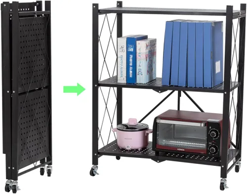 Muichi Estante plegable de 3 niveles, estantes plegables con ruedas, estantes plegables, unidad de estantería de metal, organizador de
