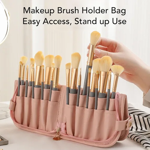 Miniatura 2 de Soporte para brochas de maquillaje, organizador de brochas de maquillaje de cuero PU de agua, 20 bolsillos, bolsa de cepillo de maquillaje de viaje