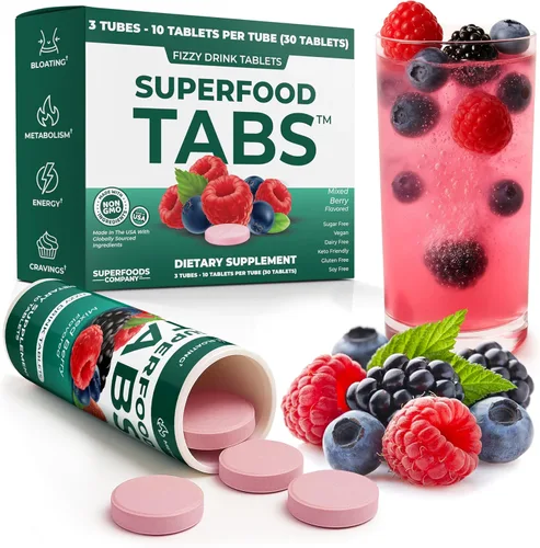 Skinnytabs – Tabletas efervescentes depurativas - 15 Superalimentos totalmente naturales, sin laxantes, 30 porciones - Sin azúcar, bajas en
