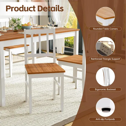 Miniatura 6 de MU Juego de mesa de comedor de 5 piezas para 4, sillas rectangulares de madera de cocina con patas de madera de goma, juego de comedor de granja que