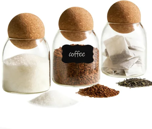 ComSaf Paquete de 3 tarros de vidrio decorativos transparentes de 16 onzas con tapa de bola de corcho, barra de café, cocina, almacenamiento de