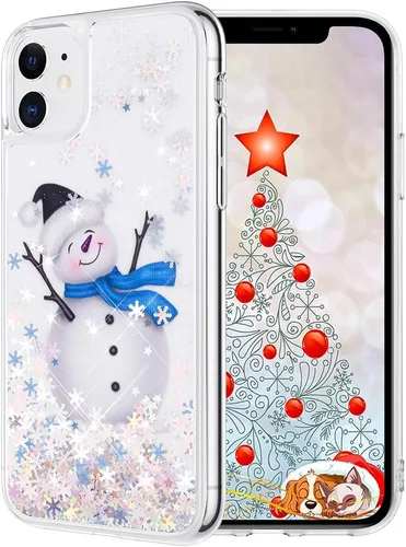 Maxdara Funda de Navidad para iPhone 11, diseño de muñeco de nieve con purpurina líquida brillante cubierta bonita para niñas y niños, 6.1 pulgadas