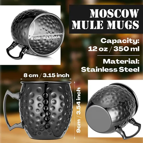 Miniatura 2 de Hoolerry 12 tazas Moscow Mule de acero inoxidable negro a granel Moscú chapado en cobre tazas con asa de 12 onzas con acabado martillado taza