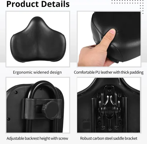 Miniatura 4 de Asiento de bicicleta con respaldo – Sillín de bicicleta de gran tamaño con soporte de espalda, universal ancho acolchado de poliuretano