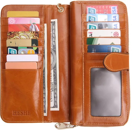 Miniatura 6 de HESHE Cartera de cuero para mujer, tarjetero de gran capacidad, con cremallera alrededor de la cartera plegable