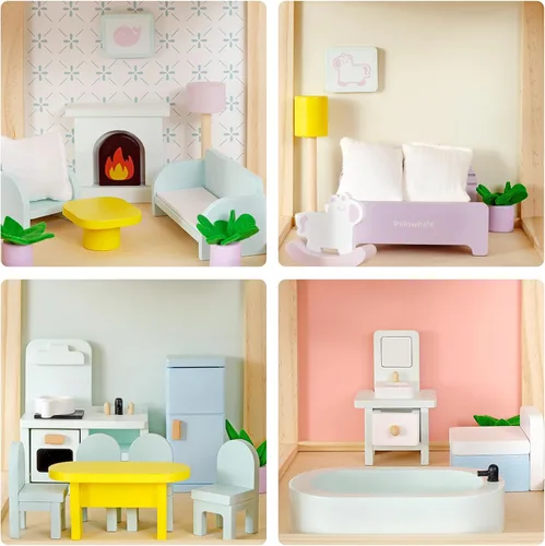Miniatura 2 de Pillowhale Casa de muñecas de madera, casa de muñecas de 6 habitaciones con juego de muebles de 38 piezas, casa de juegos moderna de bricolaje, casa