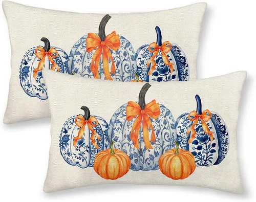 Miniatura 23 de Juego de 2 fundas de almohada de otoño de 16 x 16 pulgadas, diseño de calabaza azul y naranja, decoración de Acción de Gracias, decoración de otoño