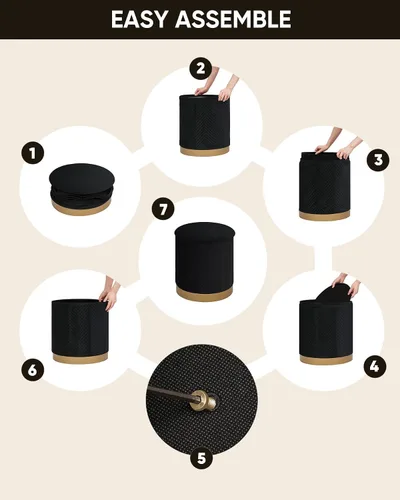 Miniatura 4 de B FSOBEIIALEO Otomana con estraje, otomana redonda de terciopelo con base chapada en oro, taburete reposapiés para dormitorio, sala de estar, negro