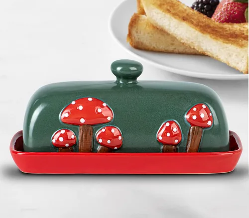 Miniatura 7 de Mantequera de Cerámica en Forma de Seta con Tapa para Encimera - Bandeja de Contenedor Rojo, Grande Cubierta