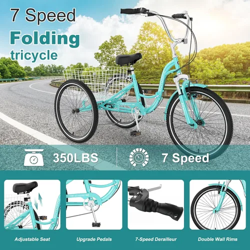 Miniatura 6 de MOPHOTO Triciclo plegable para adultos, 7 velocidades, 20/24/26 pulgadas, bicicleta de 3 ruedas para personas mayores, mujeres y hombres, bicicleta