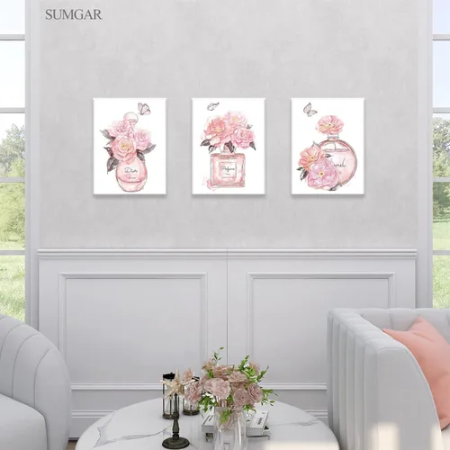 Miniatura 4 de SUMGAR Arte de pared rosa para dormitorio de niñas, decoración de pared de perfume de moda, flores, mariposas, cuadros de lienzo con marco gris