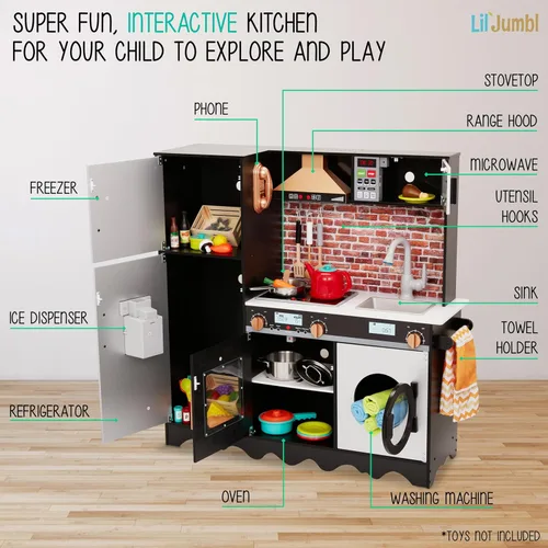 Miniatura 2 de Lil' Jumbl Jumbl - Juego de cocina para niños, cocina de madera de simulación, máquina de hielo a pilas, microondas, campana extractora, estufa