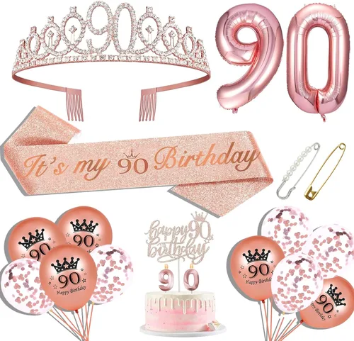 Decoraciones de cumpleaños 90 para mujer, banda de cumpleaños 90, corona de cumpleaños 90, adorno para pastel de cumpleaños 90, globos, juego de
