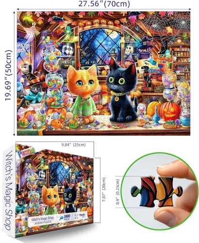 Miniatura 2 de Rompecabezas de Halloween para adultos, 1000 piezas, rompecabezas de tienda mágica de gatos y brujas con letras en la parte posterior con caramelo