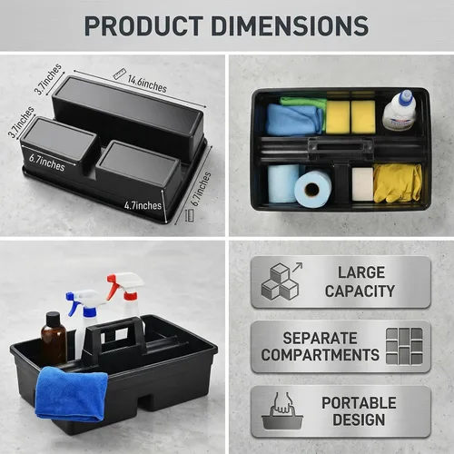 Miniatura 2 de Cesta de limpieza de plástico con 3 compartimentos – Cubo organizador de herramientas de plástico apilable de calidad comercial grande con asa