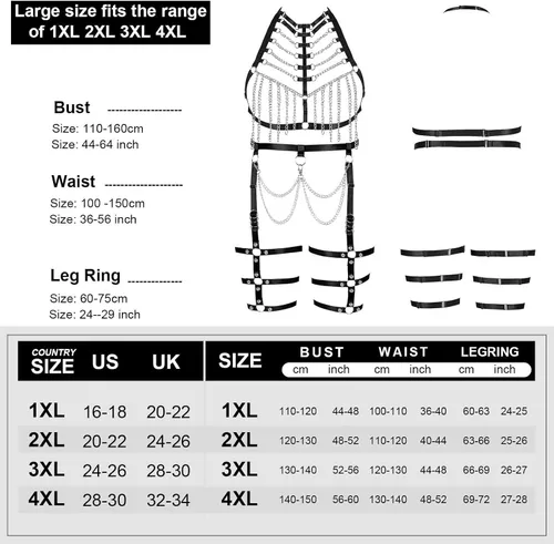 Miniatura 4 de ArnÃ©s de cuerpo de talla grande para mujer y niÃ±a, cadena de metal hueca completa, brasier de jaula, medias de liga, ropa gÃ³tica rave