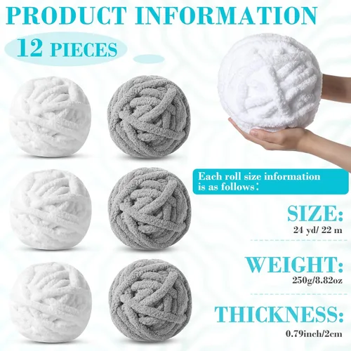 Miniatura 2 de Timgle 12 rollos de hilo de felpilla grueso de 0.79 pulgadas para mantas, hilo de felpilla jumbo suave, gigante, grueso, esponjoso, para tejer a
