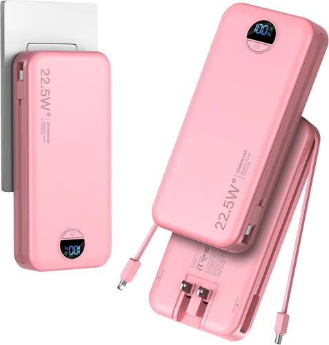 Miniatura 12 de Cargador ultraportátil de 10000 mAh con cables integrados y enchufe de pared de CA, cargador de teléfono celular de carga rápida PD20W USB-C, Púrpura