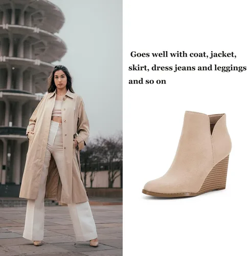 Miniatura 5 de LAICIGO Botines de cuña con corte en V para mujer, con cremallera, puntera cerrada, tacón apilado, botas de invierno de gamuza sintética