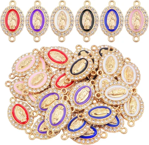 30 dijes de aleación esmaltados de la Virgen María, diamantes de imitación de Nuestra Señora, Medalla Milagrosa, Dijes de Crucifijo de conexión para