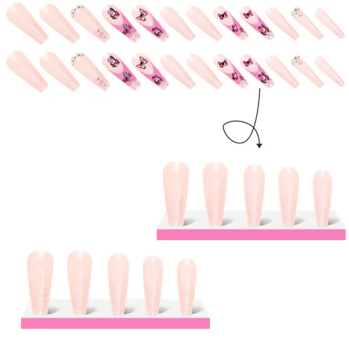 Miniatura 4 de 24 uñas acrílicas a presión, uñas postizas largas con diseños de mariposa rosa, diamantes de imitación, polvo de purpurina, punta francesa