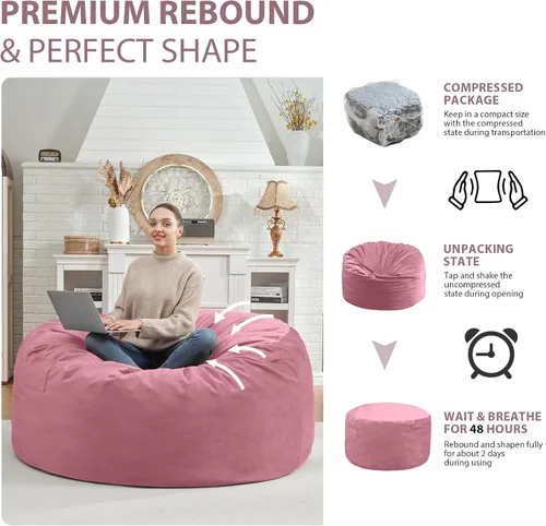 Miniatura 93 de Puf de 5 pies, puf grande con relleno de espuma viscoelástica, sofá puff esponjoso con funda de terciopelo holandés, puf redondo para sala de estar