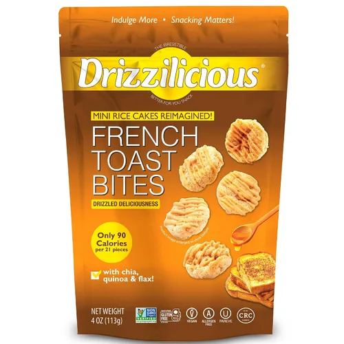 Drizzilicious Mini Tortas de Arroz Sabor Tostada Francesa – Crisps de arroz, aperitivo saludable para adultos y niños, tortas de arroz saborizadas,