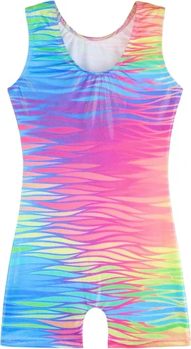 Miniatura 83 de HOZIY - Leotardos de gimnasia con pantalones cortos brillantes para niñas pequeñas; estampados de unicornio, aurora, arco iris, sirena, dinosaurio