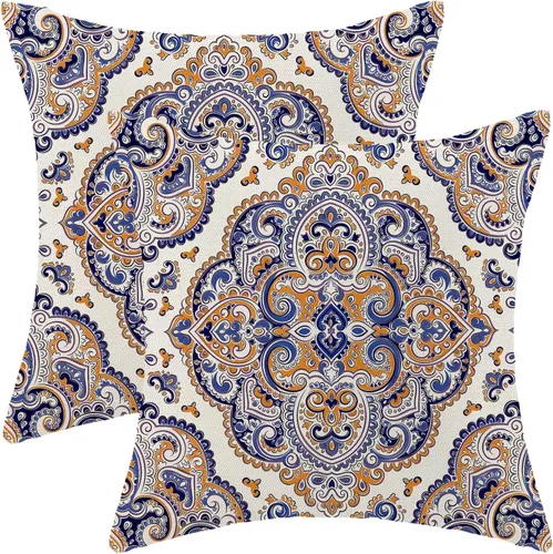 Miniatura 35 de Juego de 2 fundas de almohada bohemias de 20 x 20 pulgadas, fundas de cojín con patrón de alfombra, color amarillo mostaza y azul, diseño étnico