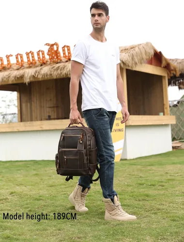 Miniatura 8 de Lannsyne Mochila vintage de cuero de grano completo para hombre de 15.6 pulgadas, mochila para laptop de camping y viajes, mochila de 24 L, Marrón