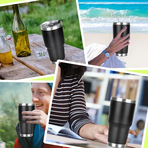 Miniatura 6 de Vaso de 30 onzas con tapas y pajillas, vaso aislado al vacío de doble pared, de acero inoxidable, a prueba de fugas, con recubrimiento en polvo