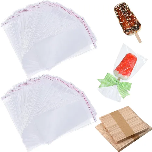 Miniatura 7 de Patelai Juego de 300 palitos de hielo y bolsas de plástico, bolsas de plástico autoadhesivas transparentes y palitos de paletas de hielo