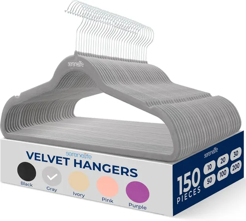 Miniatura 26 de SereneLife Perchas de terciopelo color negro, paquete de 100 perchas delgadas antideslizantes con gancho giratorio cromado de 360°, capacidad Negro
