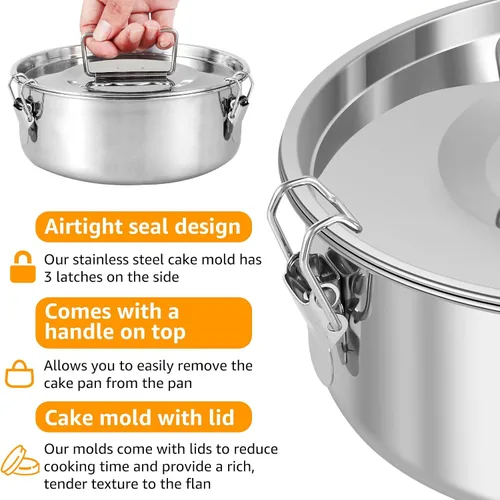 Miniatura 3 de Molde de flan de acero inoxidable con capacidad de 1.5 cuartos de galón con tapa y espátula, recipientes redondos para flan de 6 a 8 cuartos