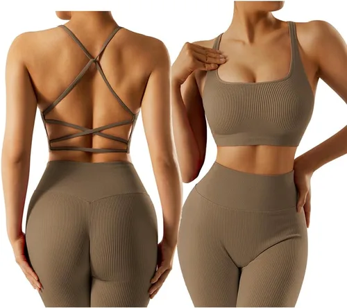 OMKAGI Conjunto de entrenamiento acanalado para mujer, sin costuras, brasier deportivo con tiras y levantamiento de glúteos