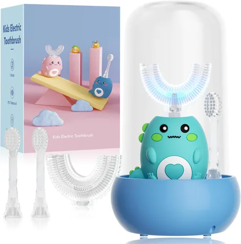 Miniatura 11 de Cepillo de dientes eléctrico en forma de U para niños, con 3 modos de limpieza, con 4 cabezales de cepillo, cepillo de dientes automático sónico