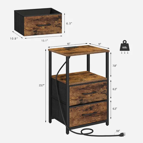 Miniatura 3 de TUTOTAK Mesita de noche LED con estación de carga, mesita de noche grande con puerto USB y Type-C, mesa de noche con cajones de tela, mesa auxiliar