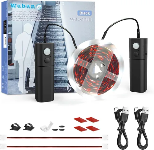 Miniatura 13 de WOBANE Tira de luz LED activada por doble movimiento, tira de luz recargable de 16.4 pies, luz de cinta alimentada por batería para debajo