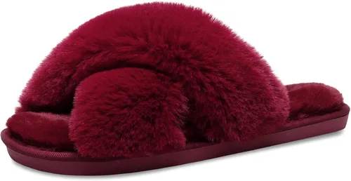 Miniatura 6 de JIASUQI - Pantuflas cruzadas mullidas y peludas con punta abierta para mujer, con acolchado de espuma viscoelástica