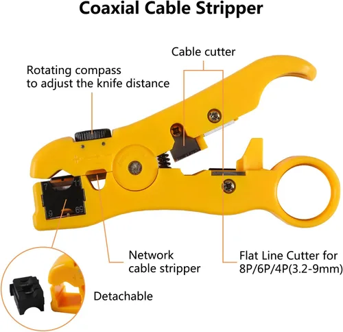 Miniatura 6 de Herramienta de compresión coaxial Kit de crimpadora de cable coaxial ajustable RG6 RG59 RG11 75-5 75-7 Pelacables coaxiales con 20 conectores