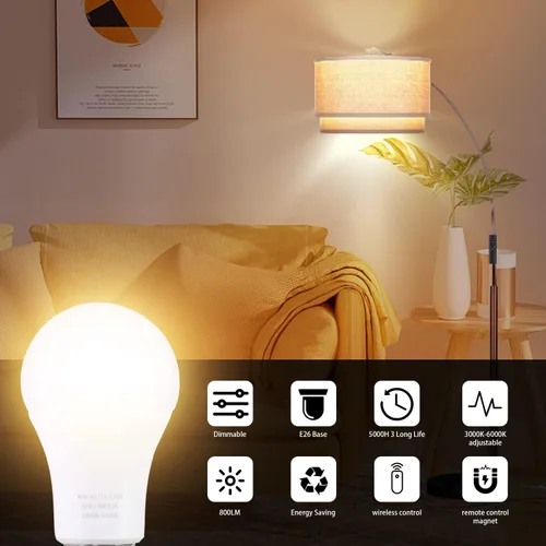 Miniatura 2 de Bombillas LED A19 con control remoto, bombillas de 800 lm 9 W (equivalente a 60 W), regulables continuas 3000K-6000K, base E26, CRI 80+, 2.4 GHz