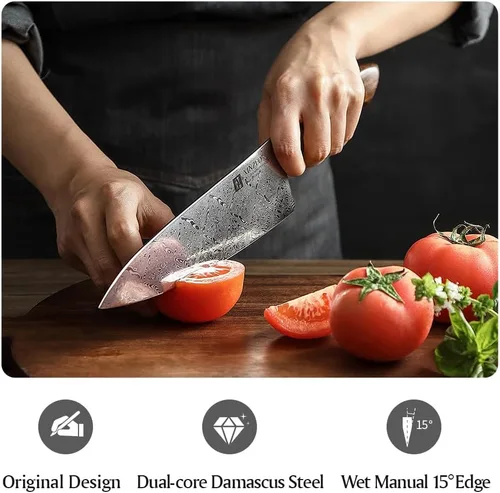 Miniatura 9 de XINZUO Cuchillo de chef de acero de Damasco de 8.3 pulgadas, 110 capas, cuchillo de cocina profesional forjado a mano, espiga completa, cuchillo