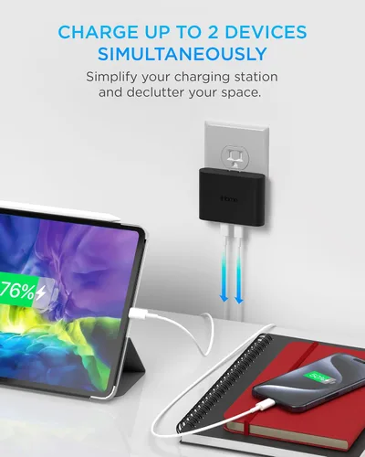 Miniatura 2 de iHome Cargador USB-C multipuerto de 40 W, bloque plano de 2 puertos AC Pro, adaptador de pared de carga rápida dual