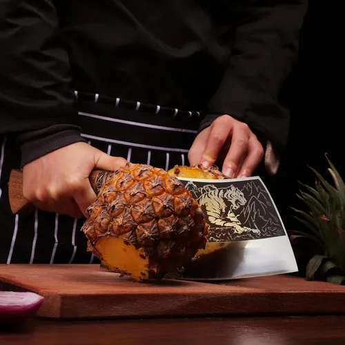 Miniatura 5 de TOMBRO Cuchillo de carnicero de 9 pulgadas, cortador de huesos resistente, forjado con funda para cortar carne, chef chino de acero al carbono ultra