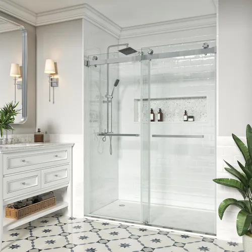 Puerta de ducha ajustable de 56"-60" (ancho) x 76" (alto), puerta de ducha sin marco, puerta de ducha de doble corredera, puerta de ducha con diseño