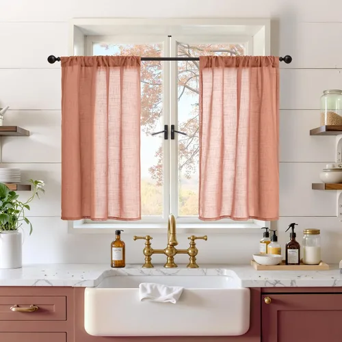 Miniatura 152 de BGment Cortinas de lino café de 30 pulgadas de largo para ventana pequeña, cortinas de media ventana beige semitransparentes ligeras con bolsillo