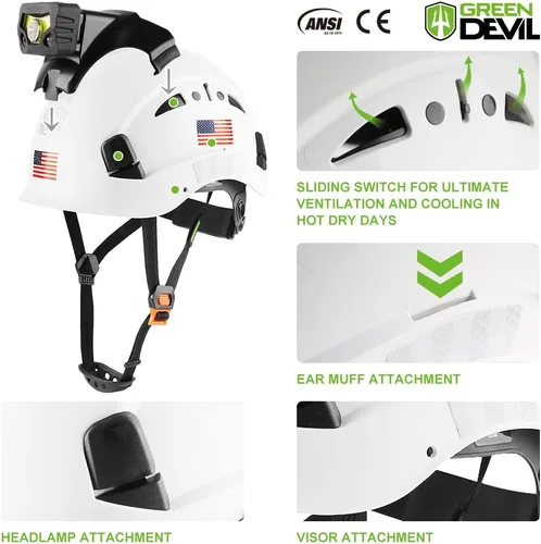 Miniatura 2 de GREEN DEVIL Casco de seguridad con luz recargable para faros delanteros y forro para casco, correa para barbilla, para hombre, ventilada