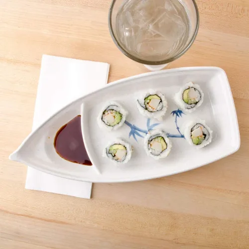 Miniatura 2 de Happy Sales HSSB-10BB - Plato con forma de barco de sushi para sushi sashimi, bandeja de plástico de melamina de 10 x 4.5 pulgadas (bambú)