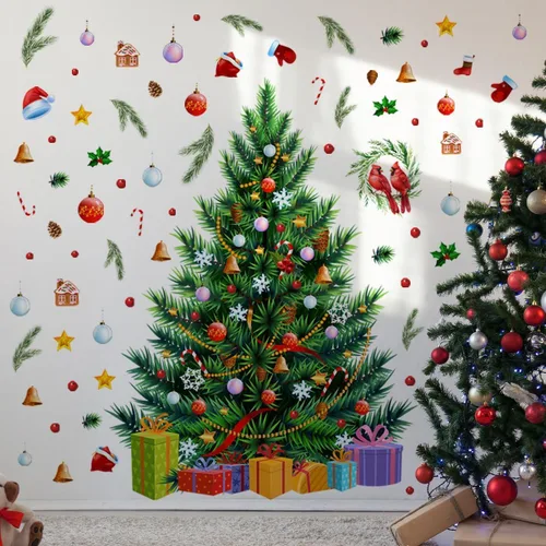 Miniatura 17 de 59x47 Pulgadas Adhesivos de Árbol de Navidad Azul Grande para Pared, Extraíbles DIY, Adhesivos de Árbol de Navidad Acuarela Gigantes para Baño